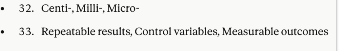 An AI model's answer listing the student's responses, showing question 33 as Repeatable results, Control variables, Measurable outcomes.