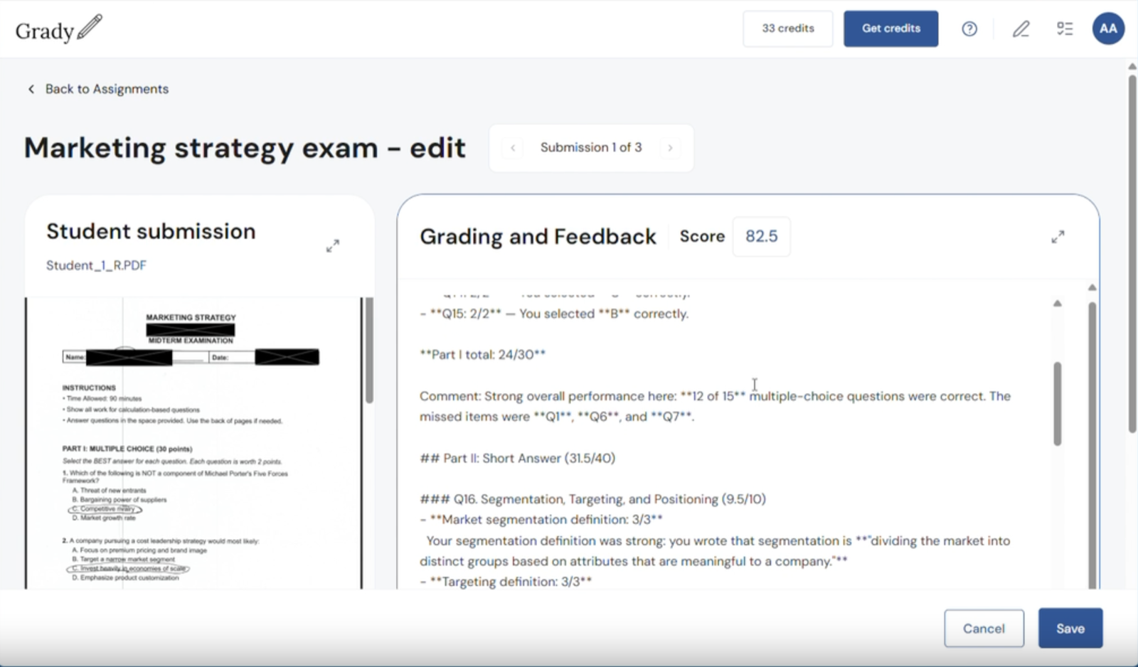 Grady's edit screen where faculty can change the score and feedback for an individual student submission.