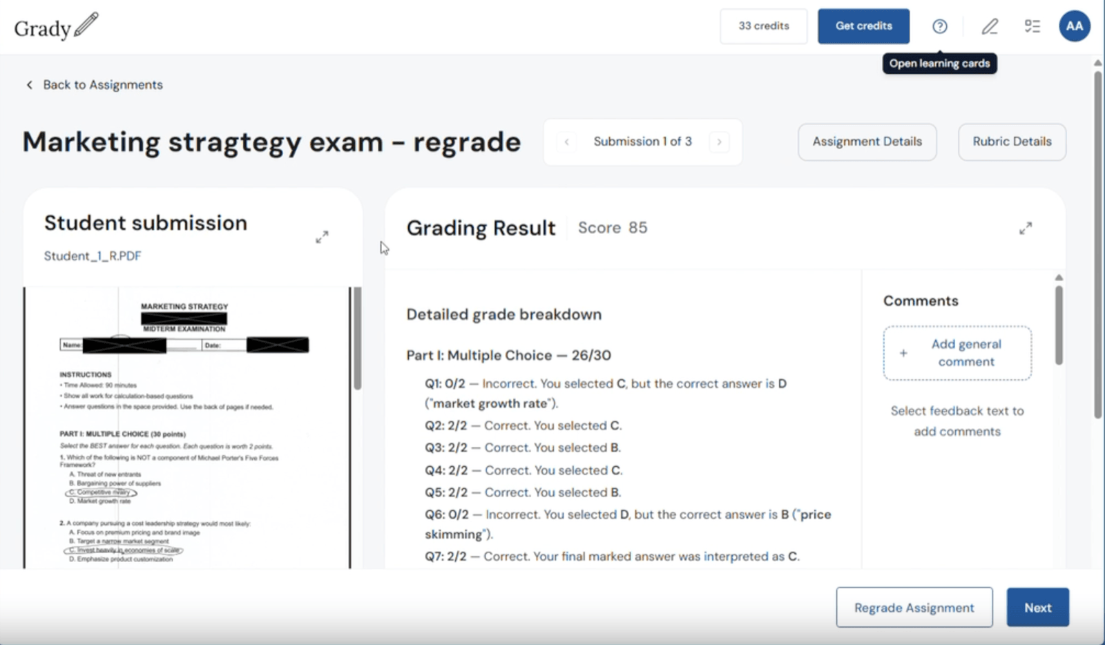 Grady's review and regrade screen showing a student submission beside a detailed grade breakdown, with a panel to add comments.