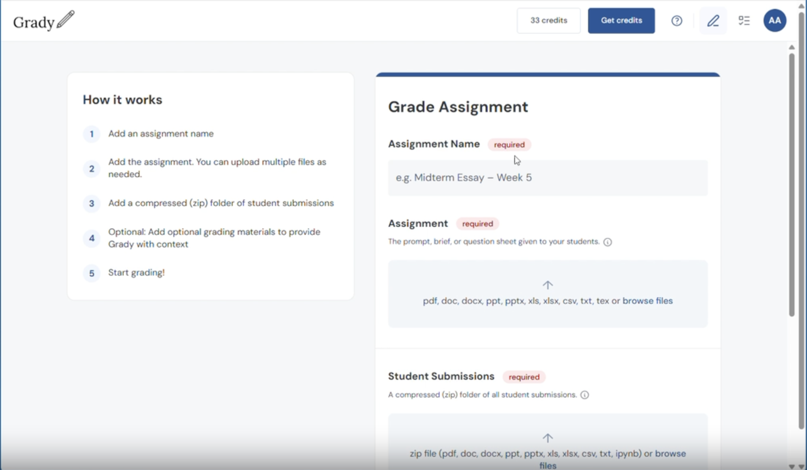 Grady's Grade Assignment screen, where faculty enter an assignment name, the assignment prompt, and a zipped folder of student submissions.